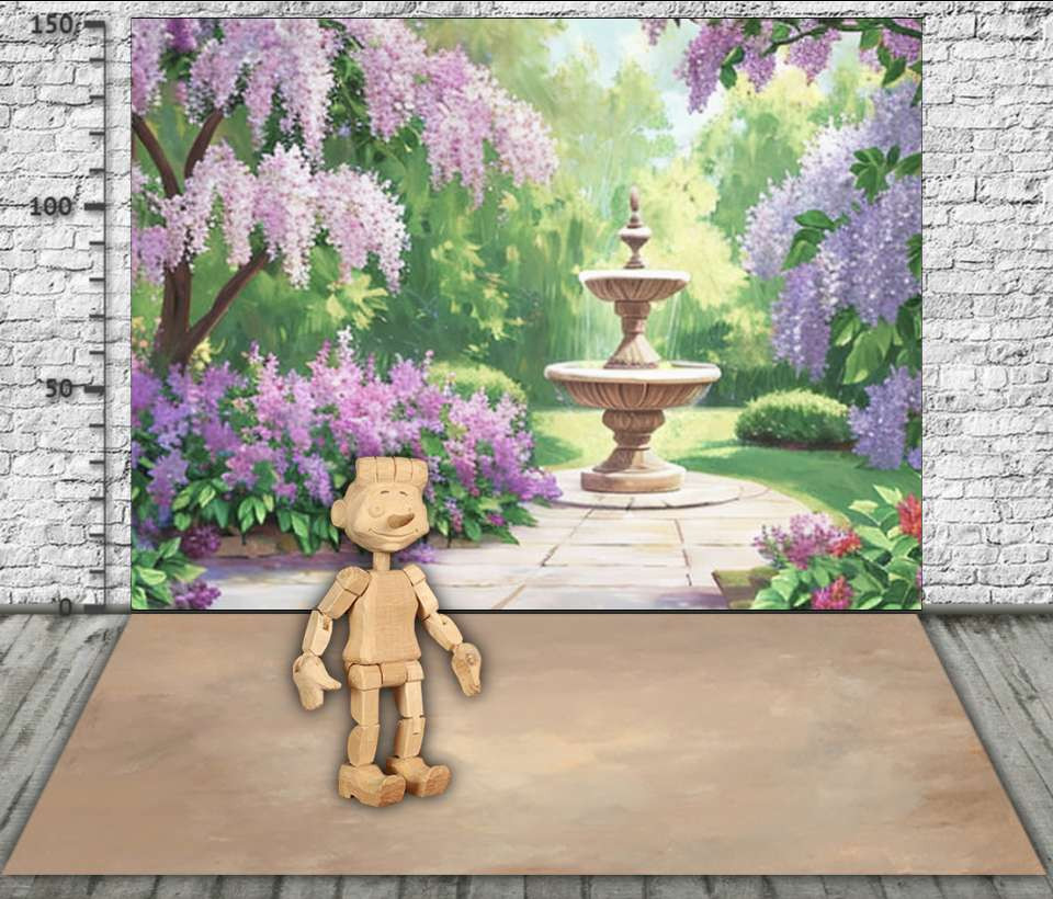 Backdrop "A fountain in a garden with blooming lilac"