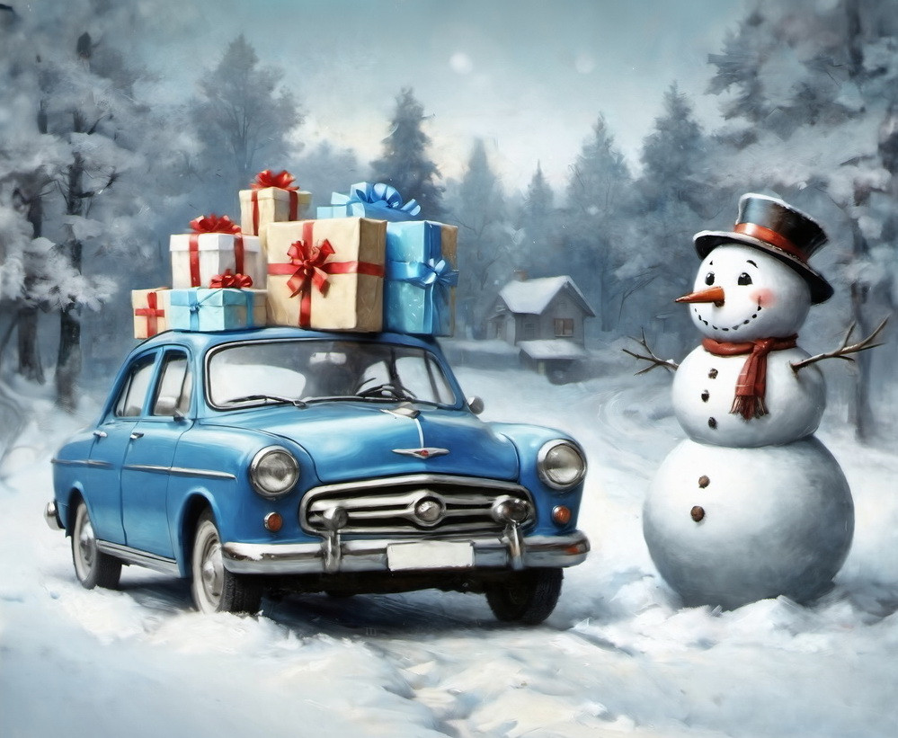 Backdrop "A car and a snowman"