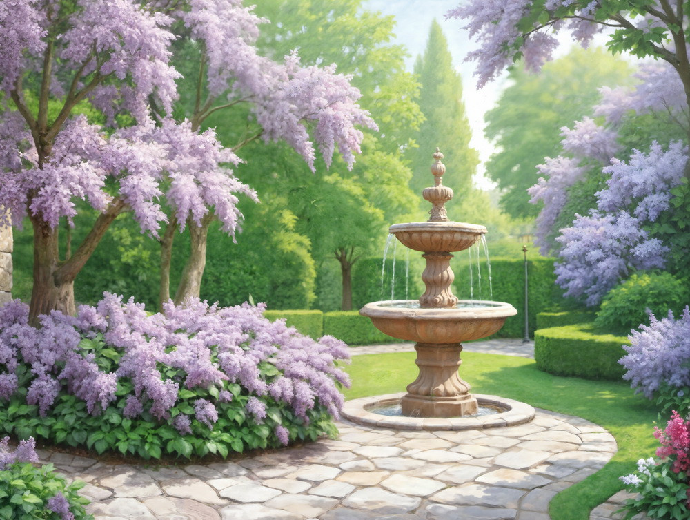 Backdrop "A fountain in a garden with blooming lilac"