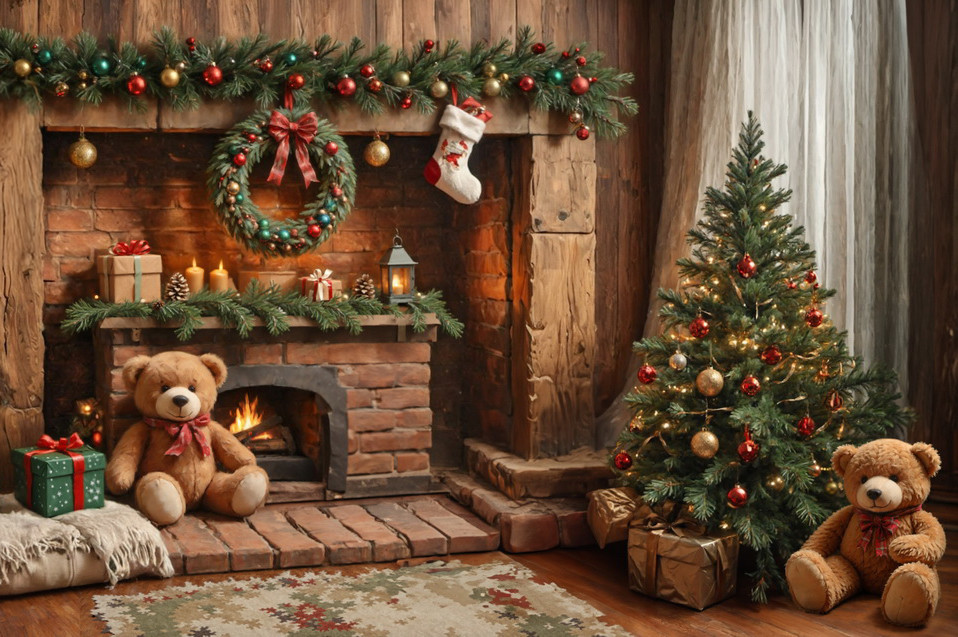 Backdrop "Teddy bears beside the fireplace" Backdrop "Teddy bears beside the fireplace"
