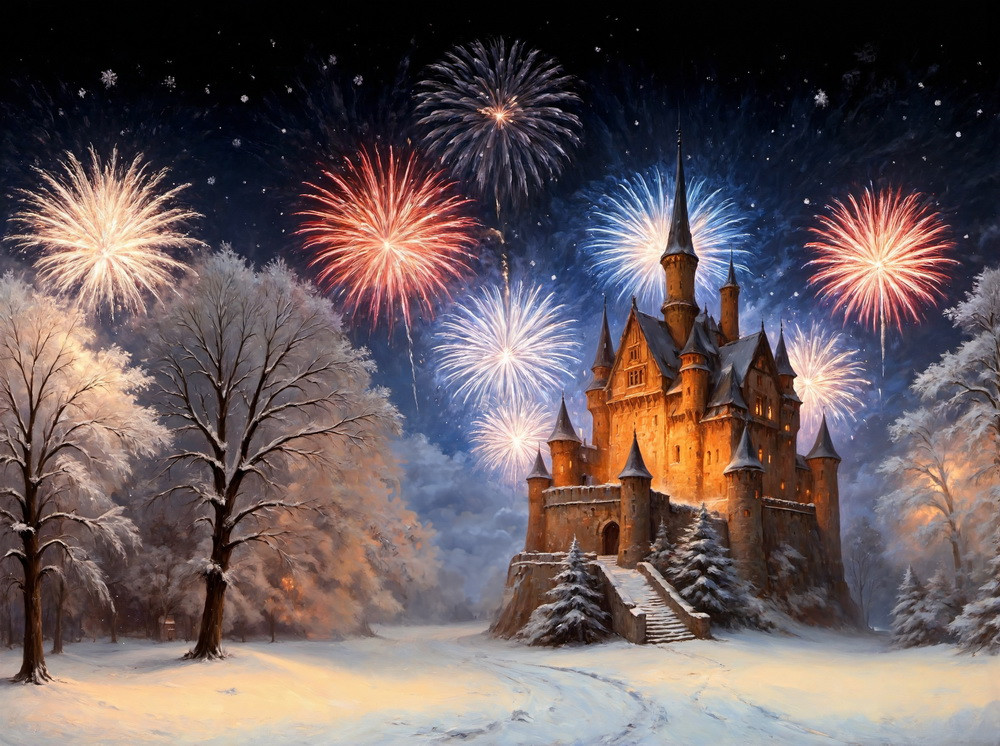 Backdrop "Old castle fireworks"
