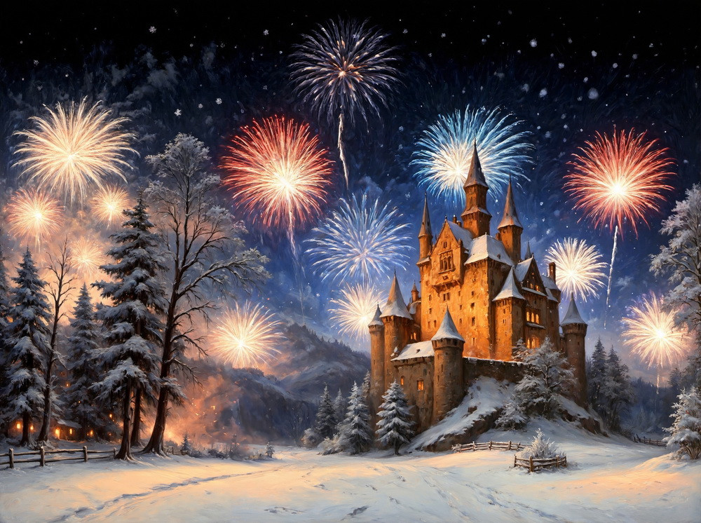 Backdrop "Old castle fireworks"