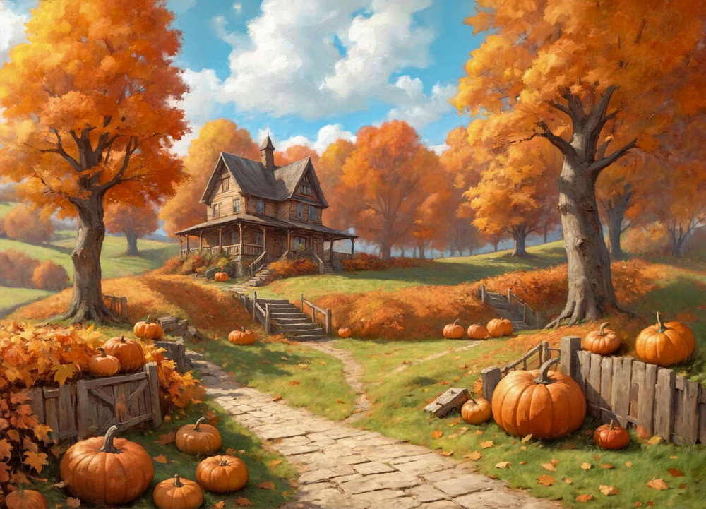 Backdrop "House on a hill with pumpkins"