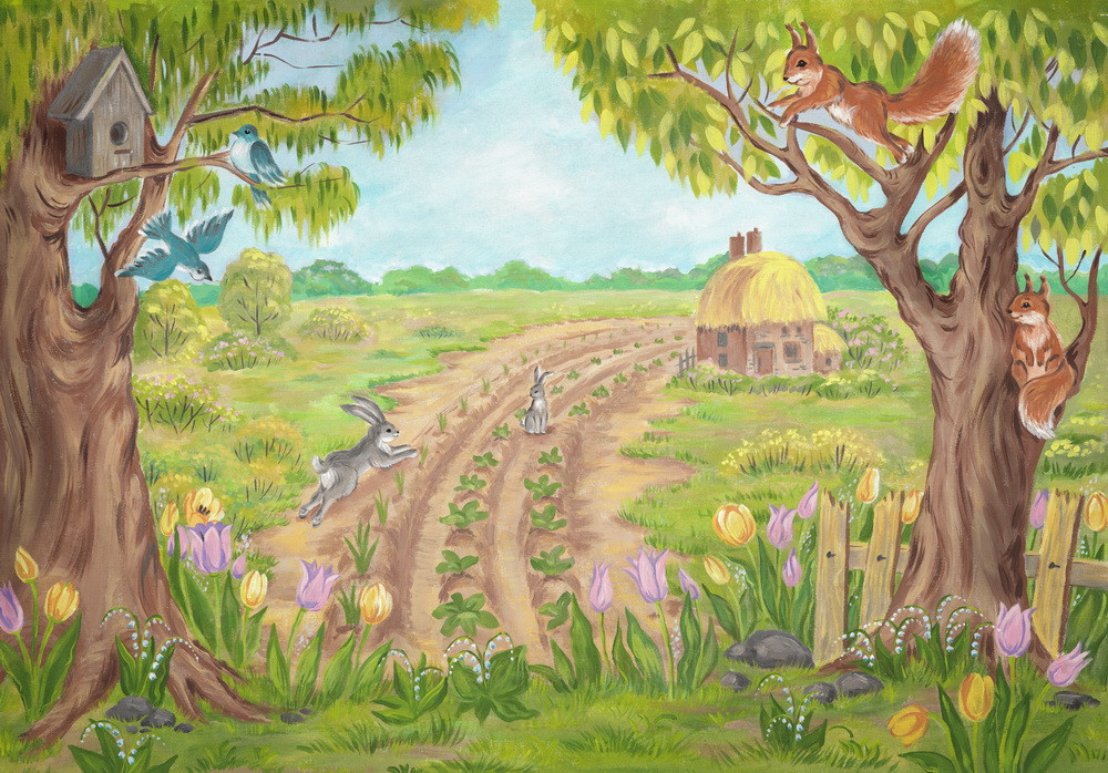 Backdrop "Hares in the garden"